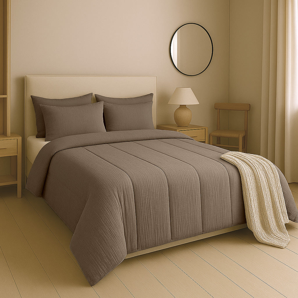 2-in-1 Micro Muslin Duvet and Bedspread – Taupe, Breathable and Heat-Regulating 1