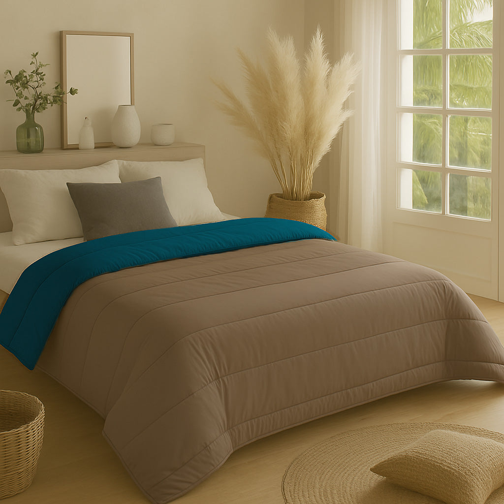 Matte Satin 2-in-1 Duvet and Bedspread, Soft Heat-Regulating Fabric, Taupe/Petrol – Available in Multiple Sizes 1