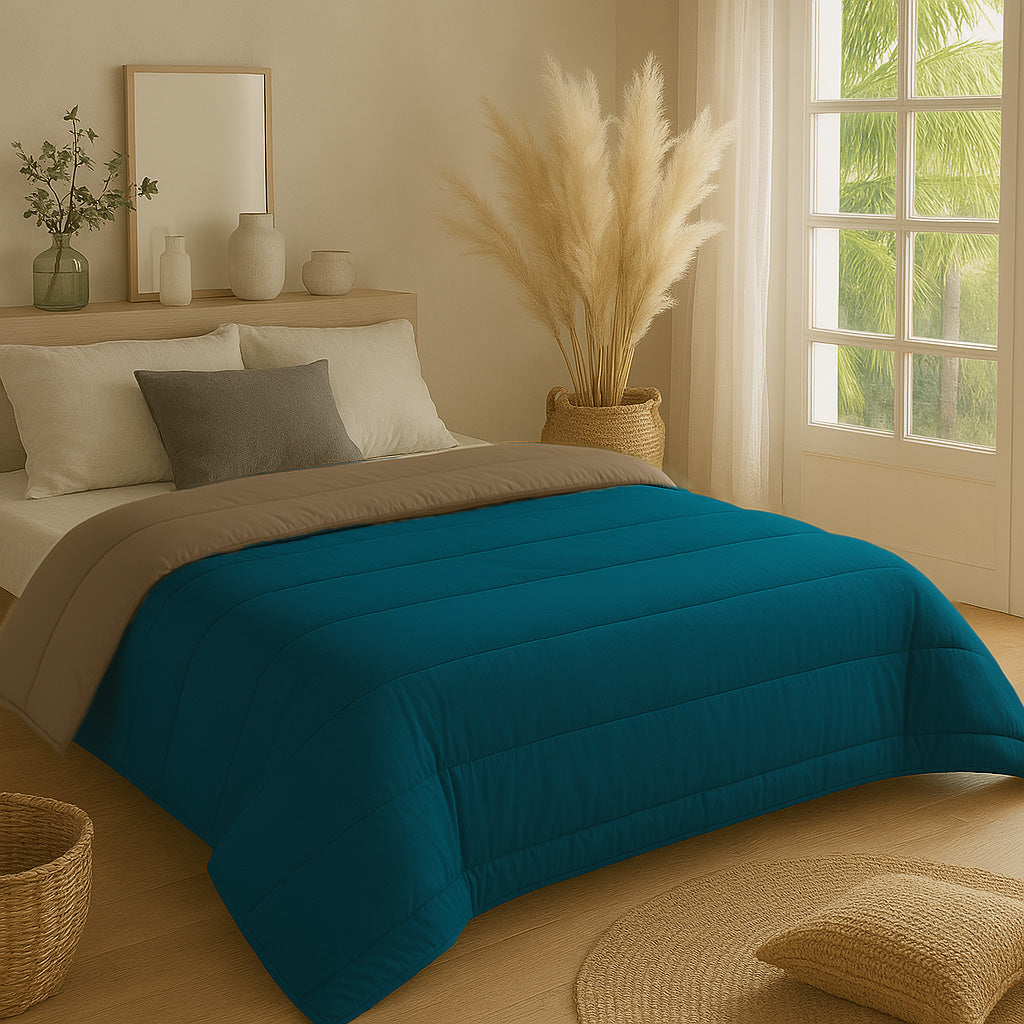 Matte Satin 2-in-1 Duvet and Bedspread, Soft Heat-Regulating Fabric, Taupe/Petrol – Available in Multiple Sizes 2