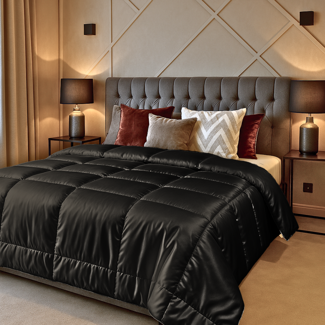 Satin Duvet Insert Without Cover – Reversible Jet Black Design, 2-in-1 Duvet and Bedspread for All Seasons 1